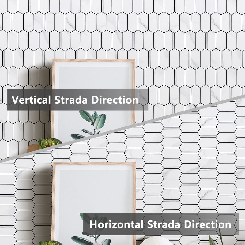 Vamos Tile Long Hexagon Peel and Stick Backsplash Tile - 10 Sheets Stick on Backsplash for Kitchen and Bathroom 12.4 x 12 Inch White Marble Look PVC Mixed Metal Silver Self Adhesive Mosaic Wall Tiles - Image 4