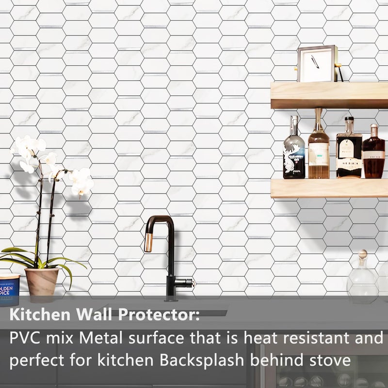 Vamos Tile Long Hexagon Peel and Stick Backsplash Tile - 10 Sheets Stick on Backsplash for Kitchen and Bathroom 12.4 x 12 Inch White Marble Look PVC Mixed Metal Silver Self Adhesive Mosaic Wall Tiles - Image 2