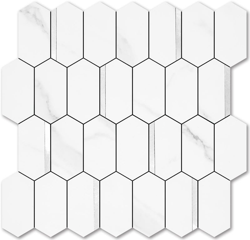 Vamos Tile Long Hexagon Peel and Stick Backsplash Tile - 10 Sheets Stick on Backsplash for Kitchen and Bathroom 12.4 x 12 Inch White Marble Look PVC Mixed Metal Silver Self Adhesive Mosaic Wall Tiles - Image 1