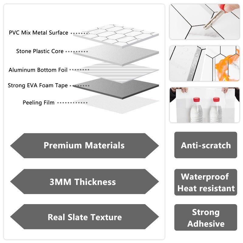 Vamos Tile Long Hexagon Peel and Stick Backsplash Tile - 10 Sheets Stick on Backsplash for Kitchen and Bathroom 12.4 x 12 Inch White Marble Look PVC Mixed Metal Silver Self Adhesive Mosaic Wall Tiles - Image 3