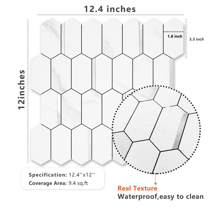 Vamos Tile Long Hexagon Peel and Stick Backsplash Tile - 10 Sheets Stick on Backsplash for Kitchen and Bathroom 12.4 x 12 Inch White Marble Look PVC Mixed Metal Silver Self Adhesive Mosaic Wall Tiles - Image 5