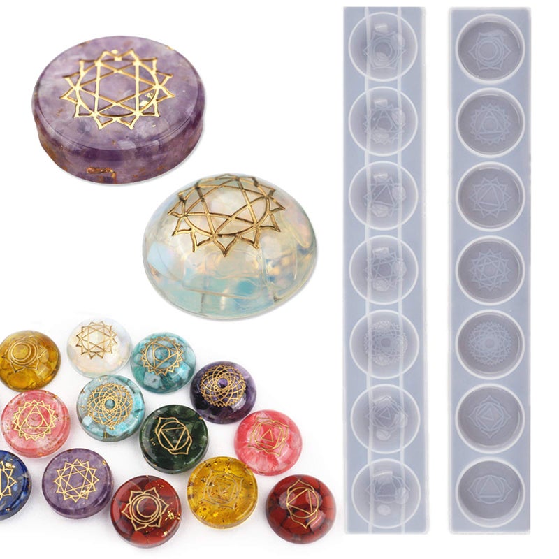 7 Chakra Stones Resin Molds 2 Pack Silicone Round Reiki Healing Crystal with Engraved Chakra Symbols Epoxy Resin Casting Mould DIY Crafts Jewelry Pendant Keychain Home Decor Ornament