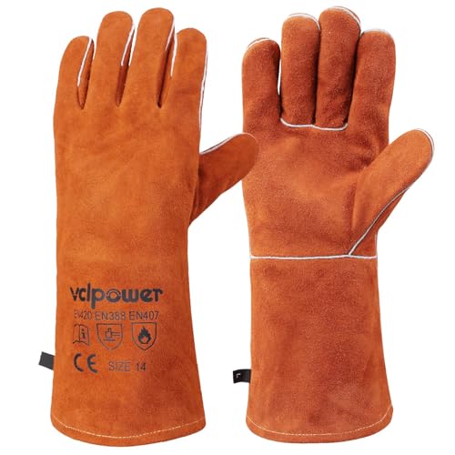 vclpower Welding Gloves Fire Heat Resistant 14IN Fireproof Leather for Welding Fire Pit Wood Stove Campfire Furnace BBQ BakingGrill Oven Stick Mig Tig Gear Gift for Man L - Image 1