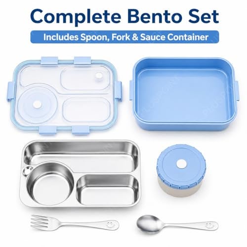 PLUSPOINT Bento Lunch Box Insulated Air Tight Portable Lunch Box with Utensils, Stainless Steel Lunch Box with Containers, Leak Proof Bento Box for Kids, Adults, Men Women (Blue) - 750 Ml - Image 2
