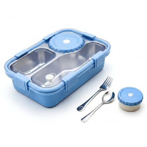 PLUSPOINT Bento Lunch Box Insulated Air Tight Portable Lunch Box with Utensils, Stainless Steel Lunch Box with Containers, Leak Proof Bento Box for Kids, Adults, Men Women (Blue) - 750 Ml - Image 1