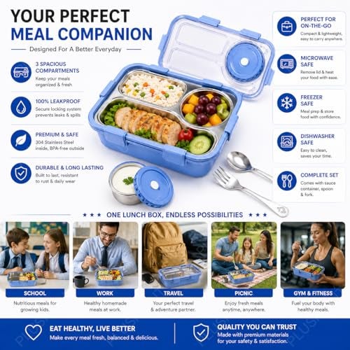 PLUSPOINT Bento Lunch Box Insulated Air Tight Portable Lunch Box with Utensils, Stainless Steel Lunch Box with Containers, Leak Proof Bento Box for Kids, Adults, Men Women (Blue) - 750 Ml - Image 4