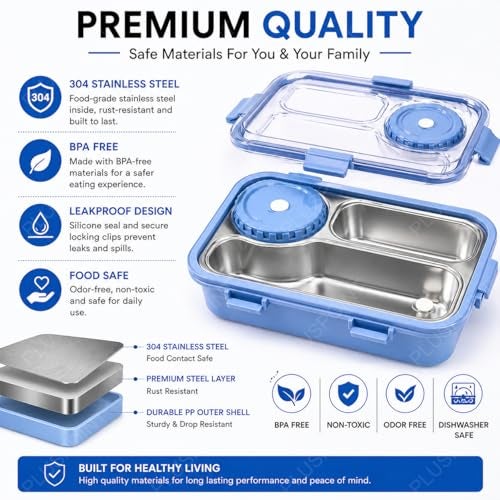 PLUSPOINT Bento Lunch Box Insulated Air Tight Portable Lunch Box with Utensils, Stainless Steel Lunch Box with Containers, Leak Proof Bento Box for Kids, Adults, Men Women (Blue) - 750 Ml - Image 3