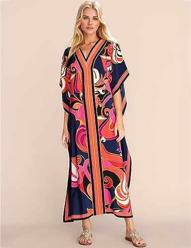Bsubseach Women Plus Size Kaftan Dress Swimsuit Cover Up Caftan Maxi Beach Dresses Cover Ups Navy - Image 4