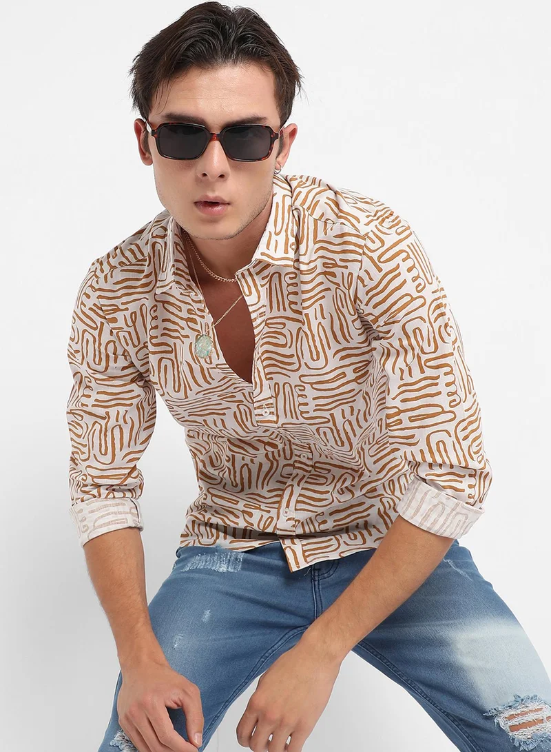 Campus Sutra Men's Brown Contrast Lines Shirt