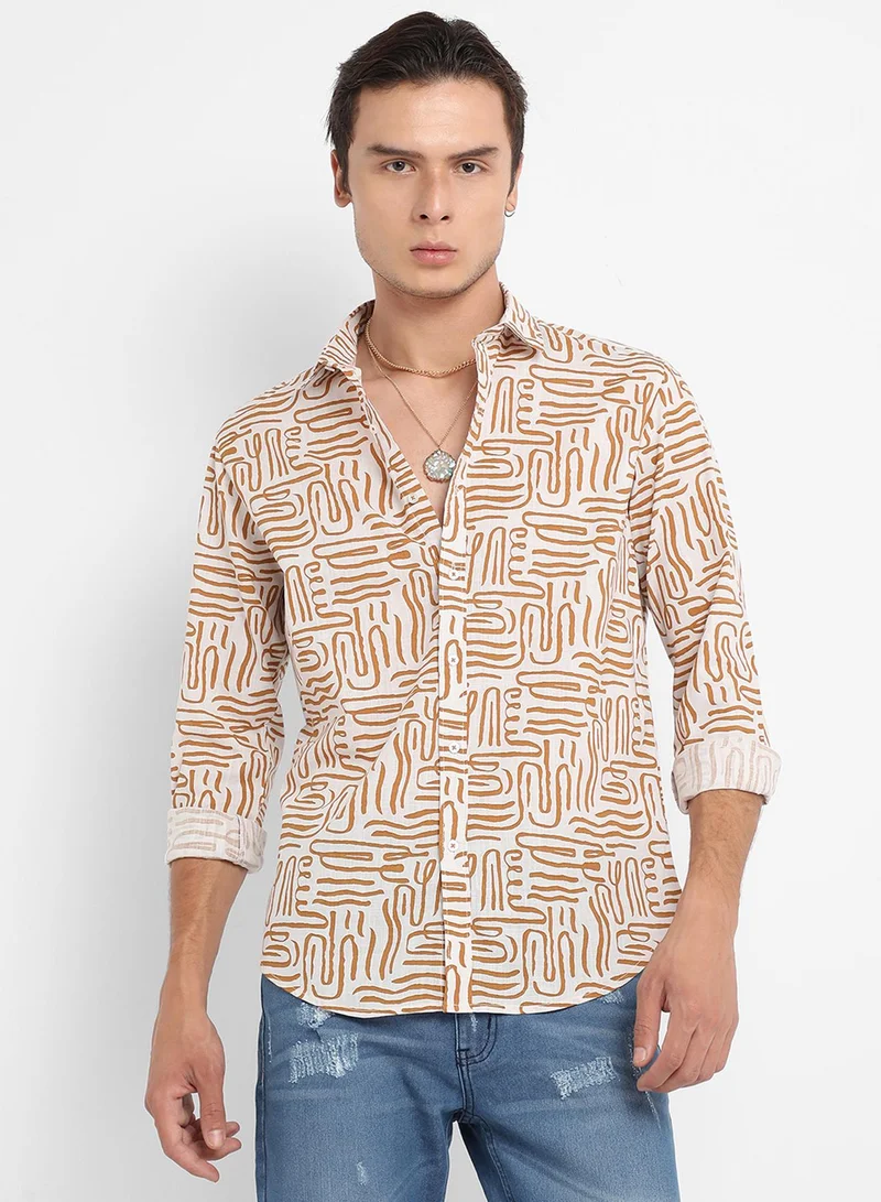 Campus Sutra Men's Brown Contrast Lines Shirt