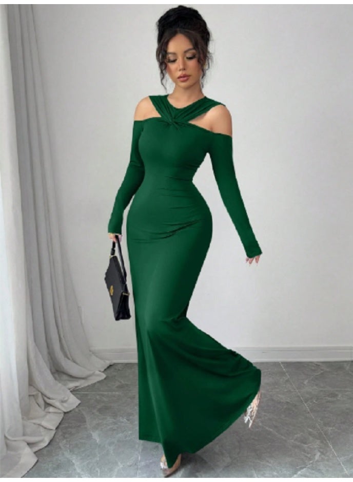 SHEIN Solid Color Off-Shoulder Fitted Front Twist Long Sleeve Dress For Women - Image 2