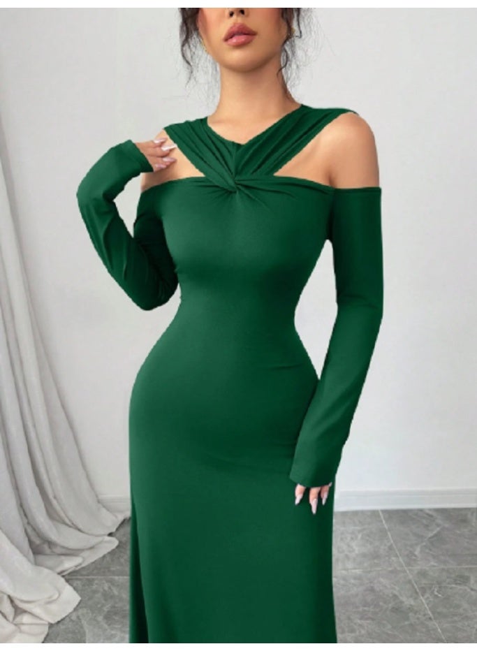 SHEIN Solid Color Off-Shoulder Fitted Front Twist Long Sleeve Dress For Women - Image 3