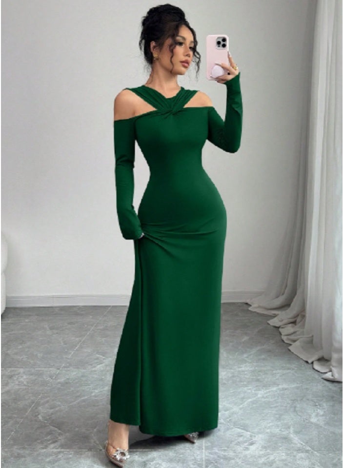SHEIN Solid Color Off-Shoulder Fitted Front Twist Long Sleeve Dress For Women - Image 1