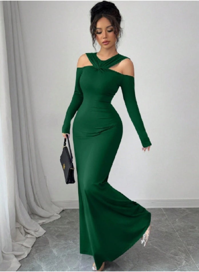 SHEIN Solid Color Off-Shoulder Fitted Front Twist Long Sleeve Dress For Women - Image 4