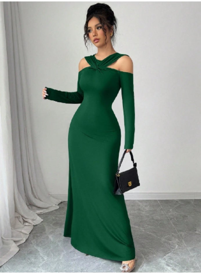 SHEIN Solid Color Off-Shoulder Fitted Front Twist Long Sleeve Dress For Women - Image 5