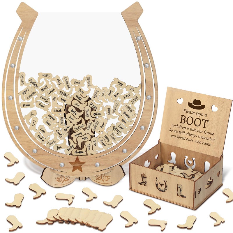 Cinnvoice Wedding Guest Book Alternative Wooden Western Cowboy Wedding Decorations for Reception Wedding Guest Book Drop Box with 100 Cowboy Boots Sign Anniversary DecorationsHorse Iron Hoof - Image 2