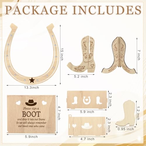 Cinnvoice Wedding Guest Book Alternative Wooden Western Cowboy Wedding Decorations for Reception Wedding Guest Book Drop Box with 100 Cowboy Boots Sign Anniversary DecorationsHorse Iron Hoof - Image 3