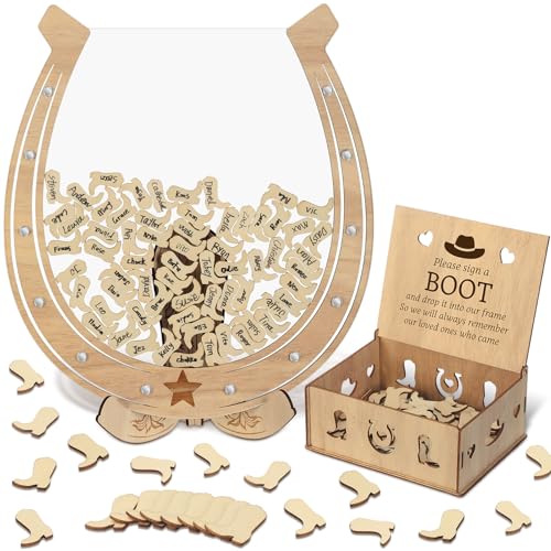 Cinnvoice Wedding Guest Book Alternative Wooden Western Cowboy Wedding Decorations for Reception Wedding Guest Book Drop Box with 100 Cowboy Boots Sign Anniversary DecorationsHorse Iron Hoof - Image 1