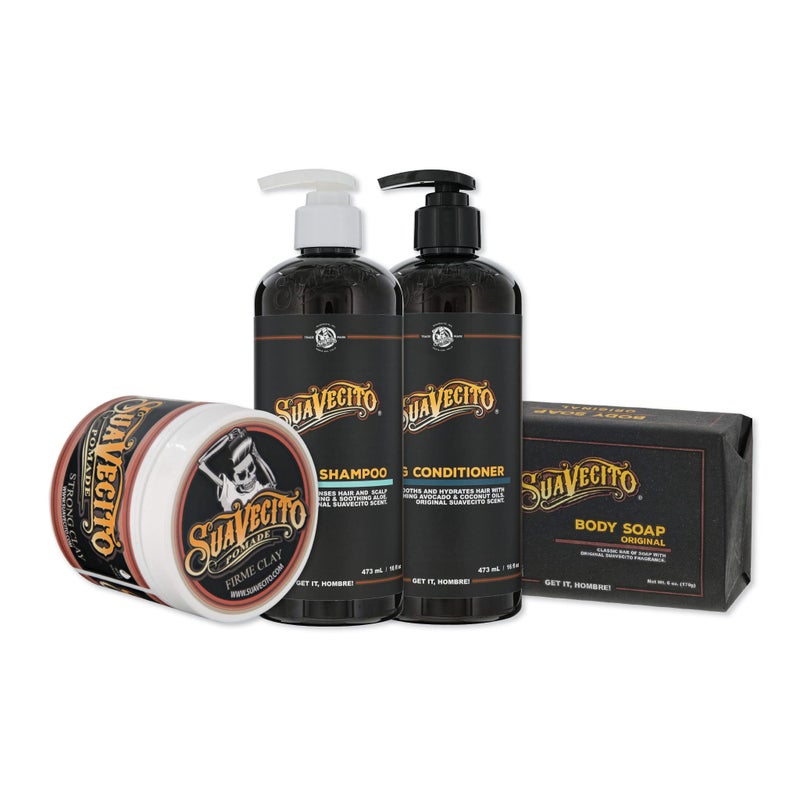 Suavecito Hair & Body Essentials Bundle: Original Hold Hair Styling Pomade, Moisturizing Body Soap, Hydrating Shampoo & Nourishing Conditioner - Image 1