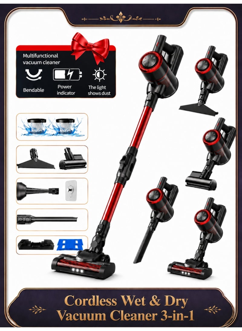 OHAHO Cordless Wet & Dry Vacuum Cleaner 3-in-1 Wash and Vacuum with LED Light, Foldable Tube, Self-Cleaning Water Tank, Sofa Brush, Dust Mite Brush, 2-in-1 Crevice & Blowing Tool, Powerful Home Floor Cleaner - Image 1