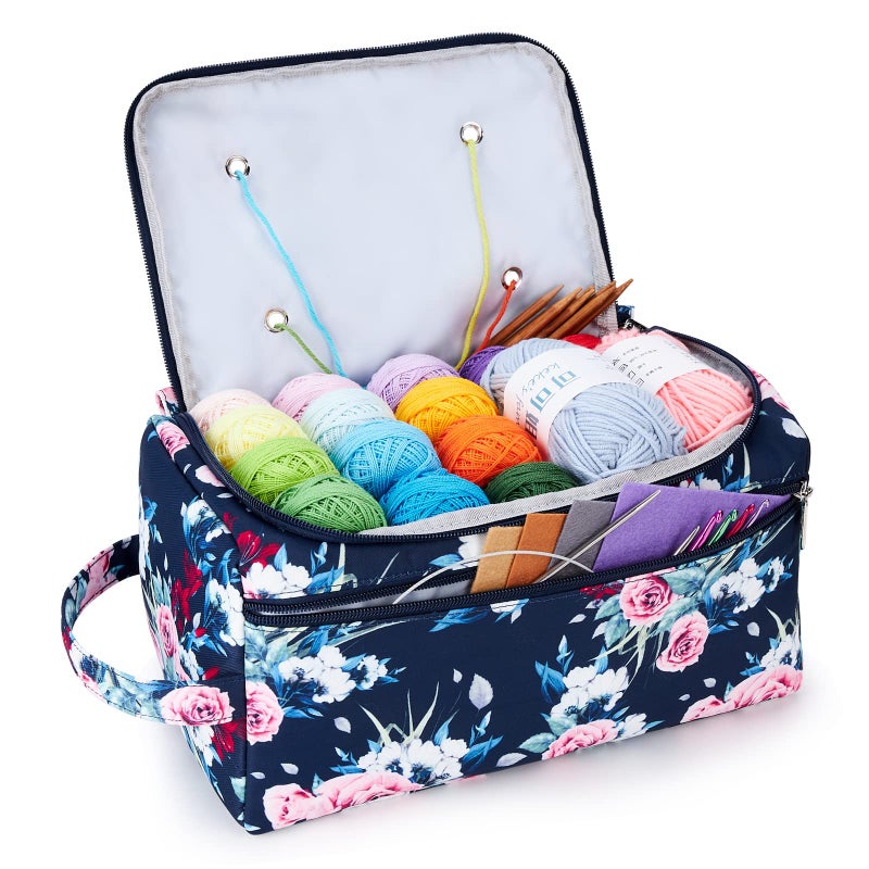 KALIDI Yarn Storage Knitting Bag Yarn Wool Crochet Hook Needles Accessories Organiser Holder Lightweight with Handle Strap Rose