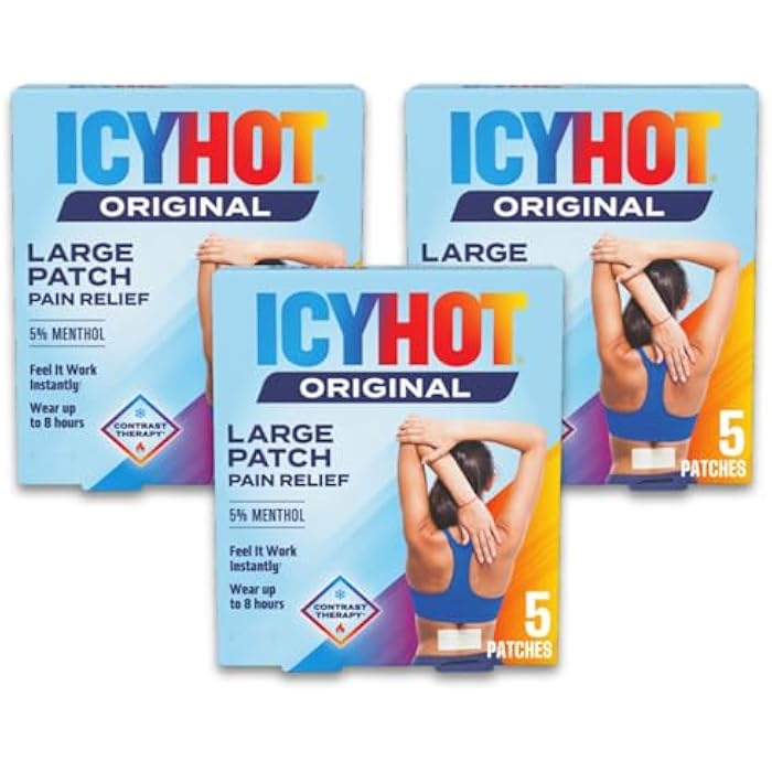 Icy Hot Original Pain Relief Patch, Large Size Comfortable Fabric Patches with Menthol 5%, Ice and Heat Contrast Therapy for Backaches, Joints, Muscle Strains and Arthritis, 5 ct., 3 Pack