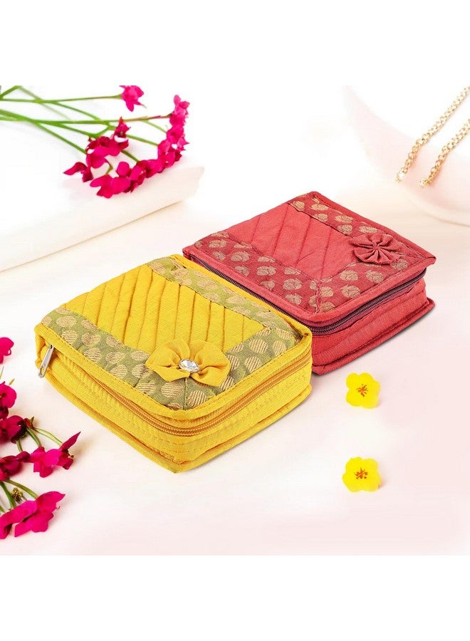 Kuber Industries Kuber Industries Pack of 2 Mini Jewellery Organisers Pouch for Women | 5 Pouches Inside | Earrings & Chain Storage Box | Bow Design -Yellow & Maroon  - Image 1