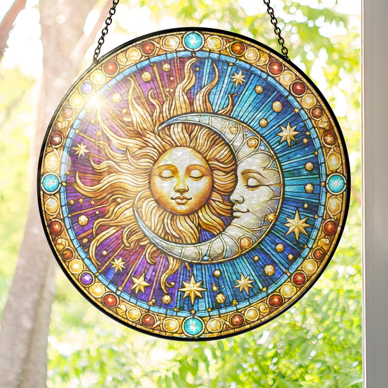 FLAGWIX Spiritual Gifts for Women Men - Stained Glass Window Hanging 8 in for Sun and Moon Decor - Sun Catchers Indoor Window, Boho Suncatchers for Celestial Decor - Image 1