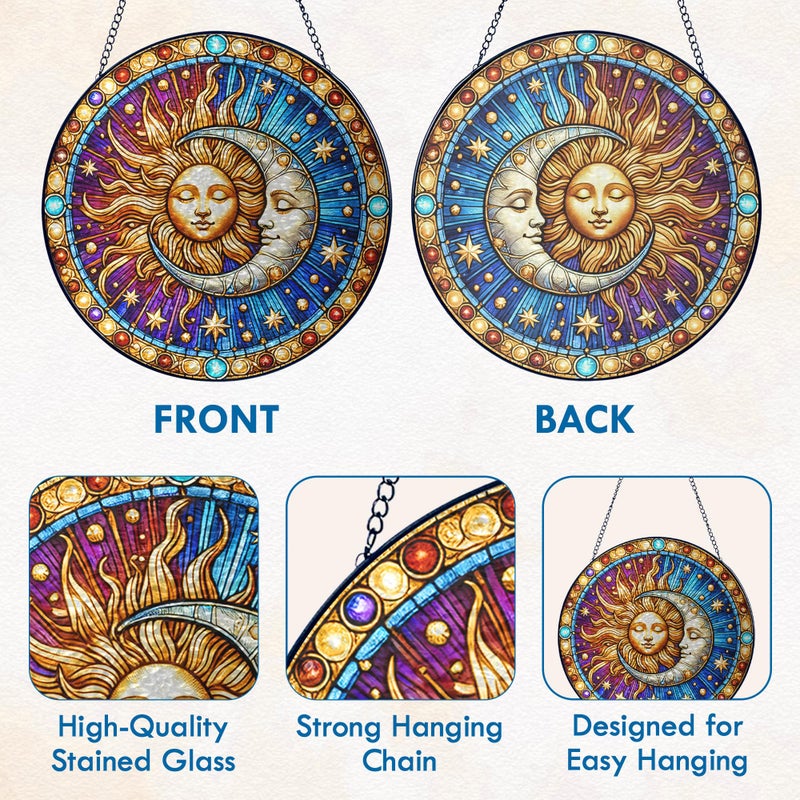 FLAGWIX Spiritual Gifts for Women Men - Stained Glass Window Hanging 8 in for Sun and Moon Decor - Sun Catchers Indoor Window, Boho Suncatchers for Celestial Decor - Image 4