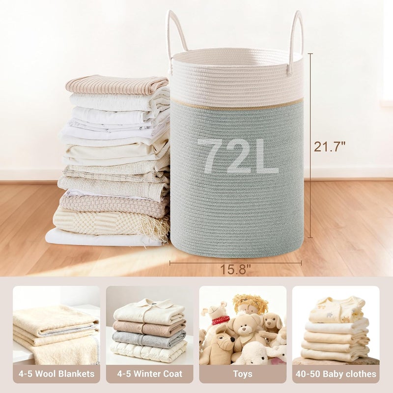 SunNewt Tall Laundry Basket with Handles, 72L Portable Dirty Clothes Hamper, Boho Cotton Rope Storage Bin for Blankets Kids Toys Gifts, Large Organizer for Baby Nursery Bedroom Bathroom, Sage Green - Image 2