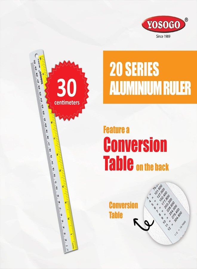 Yosogo 12 Inch / 30 cm Assorted Color Aluminum Ruler in Inch and CM Scale with Hanging Hole | Pack of 6 - Image 2