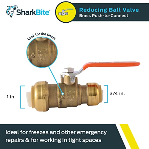SharkBite 1 x 3/4 in PTC Reducing Ball Valve, Push-to-Connect Brass Water Shut-Off Plumbing Fitting, 22993LF - Image 2