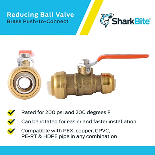 SharkBite 1 x 3/4 in PTC Reducing Ball Valve, Push-to-Connect Brass Water Shut-Off Plumbing Fitting, 22993LF - Image 4