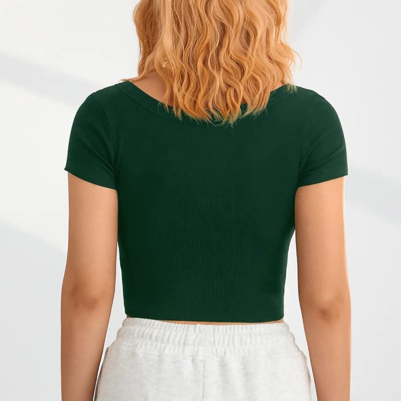 Short Sleeve Crewneck Top Women Fashionable Elegant Slim Fit Pure Color Rib Knit Shirt for Office Work OD Green L - Image 4
