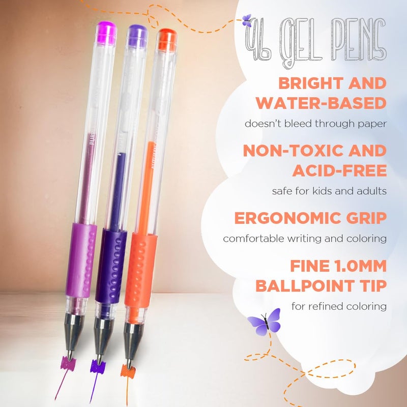 ColorIt Gel Pens Set for Coloring â€“ 192 Pack with 12 Metallic, 12 Neon, 72 Glitter Gel Pens - 96 Refills & 2 Travel Cases - Vibrant Colors for Journaling, Writing, Coloring Books, & Creative Projects - Image 4