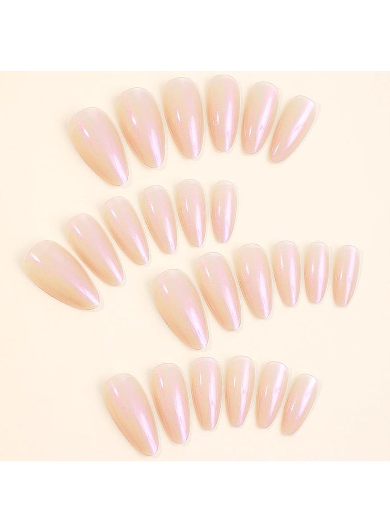 KHAJUL Medium Almond Press on Nails Glossy Nude Fake Nails Glitter False Nails with Solid Color Full Cover Glue on Nails Nature Stick on Nails for Women Girls Gift Nails Set 24 Pcs - Image 4