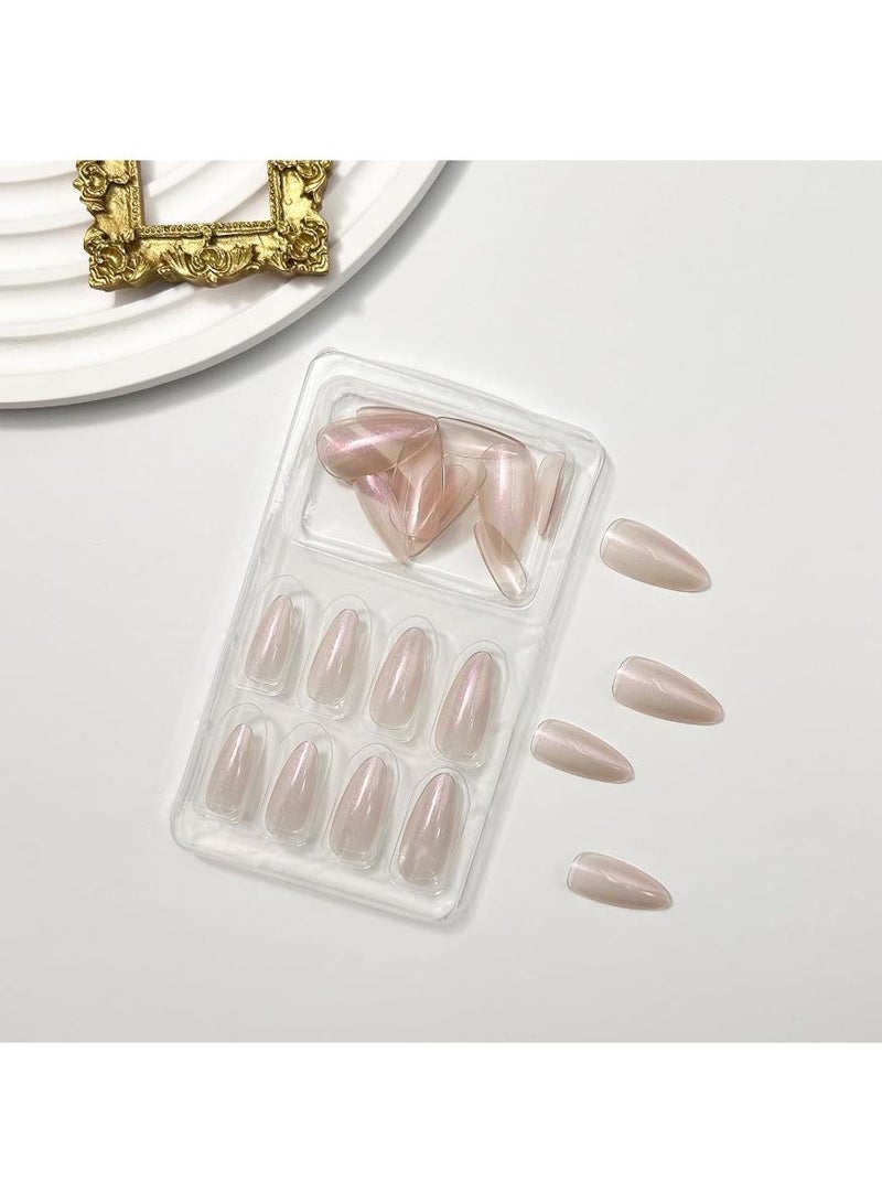 KHAJUL Medium Almond Press on Nails Glossy Nude Fake Nails Glitter False Nails with Solid Color Full Cover Glue on Nails Nature Stick on Nails for Women Girls Gift Nails Set 24 Pcs - Image 3