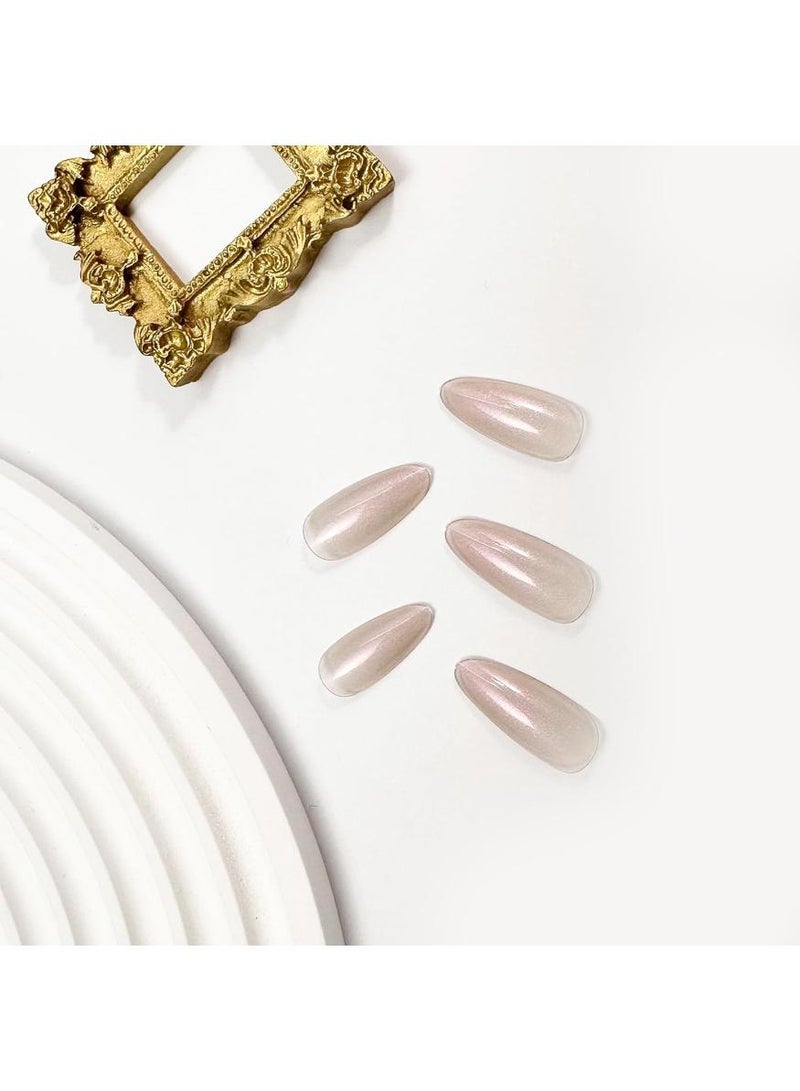 KHAJUL Medium Almond Press on Nails Glossy Nude Fake Nails Glitter False Nails with Solid Color Full Cover Glue on Nails Nature Stick on Nails for Women Girls Gift Nails Set 24 Pcs - Image 2