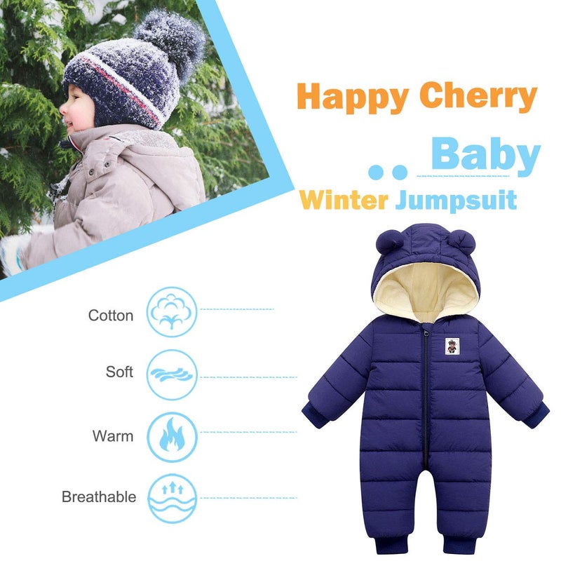 Happy Cherry Newborn Baby Girls Cartoon Snowsuit Warm Hooded Romper Jumpsuit Long Sleeve Puffer Jacket Down Coat for Toddler 0-6 Months Dark Blue - Image 2