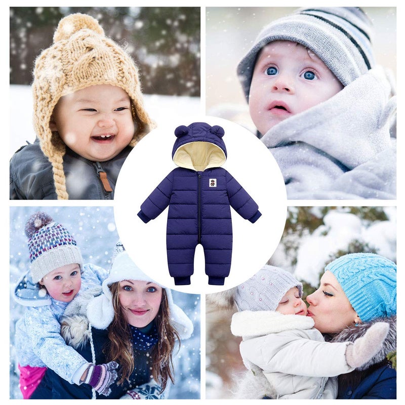 Happy Cherry Newborn Baby Girls Cartoon Snowsuit Warm Hooded Romper Jumpsuit Long Sleeve Puffer Jacket Down Coat for Toddler 0-6 Months Dark Blue - Image 4