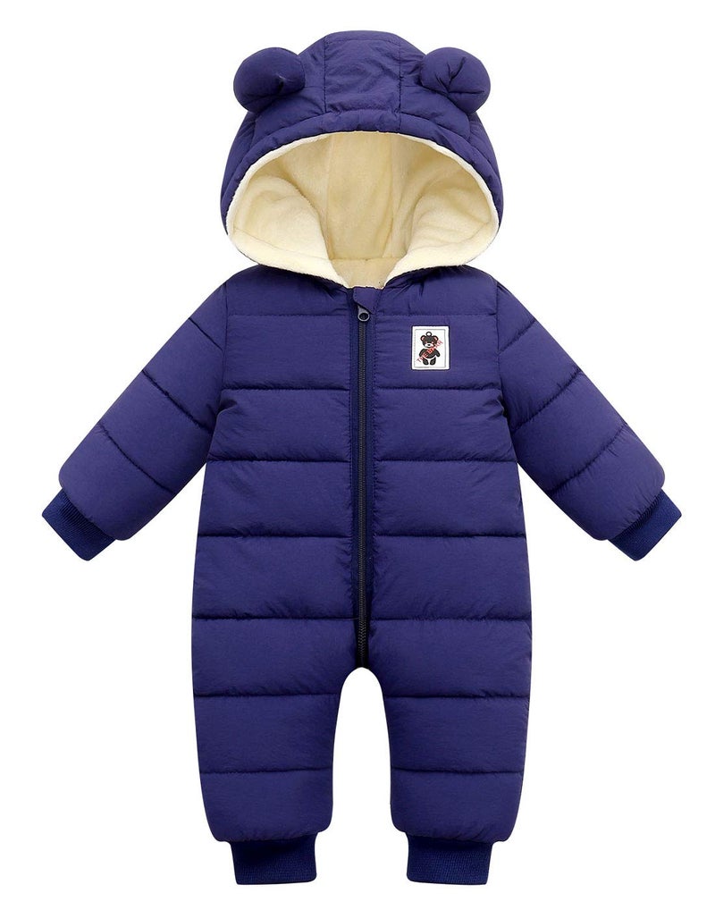 Happy Cherry Newborn Baby Girls Cartoon Snowsuit Warm Hooded Romper Jumpsuit Long Sleeve Puffer Jacket Down Coat for Toddler 0-6 Months Dark Blue - Image 1