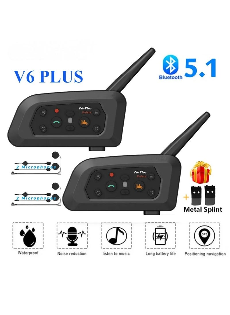 Generic - V6 Plus Motorcycle Helmet Bluetooth Headset Intercom 1200M Interphone Communicator Waterproof 6 Riders (2 Pcs) - Image 1