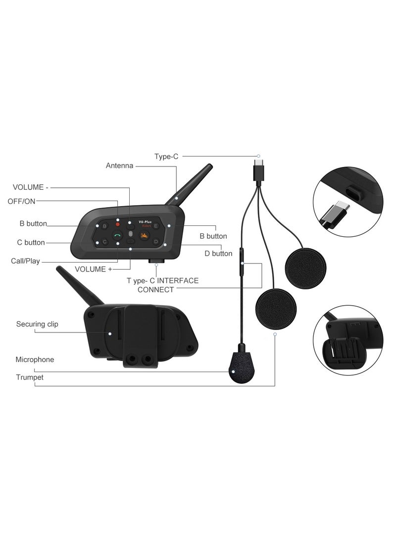 Generic - V6 Plus Motorcycle Helmet Bluetooth Headset Intercom 1200M Interphone Communicator Waterproof 6 Riders (2 Pcs) - Image 1