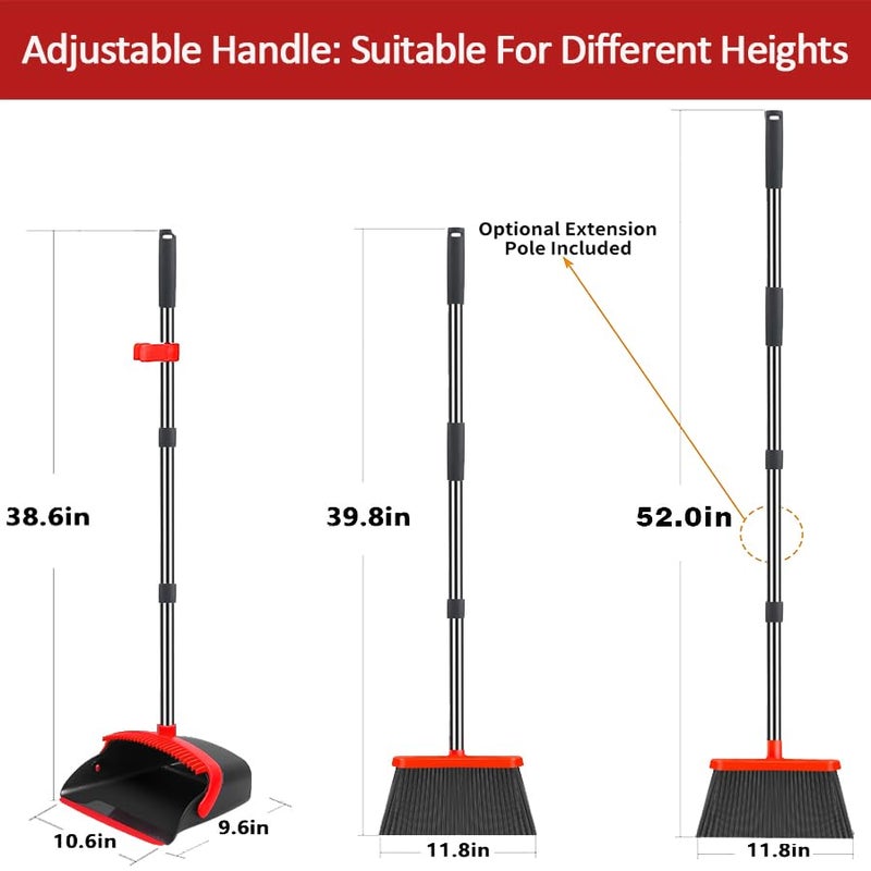 DJDTDTY 2-Pack is More economical,Brooms with Dustpan Combo Setï¼Œ with 52" Long Handle, Dustpan Teeth with self-Cleaning Function, Indoor and Outdoor Sweeping, Perfect for Home Office (Large/Red /2-Pack) - Image 2