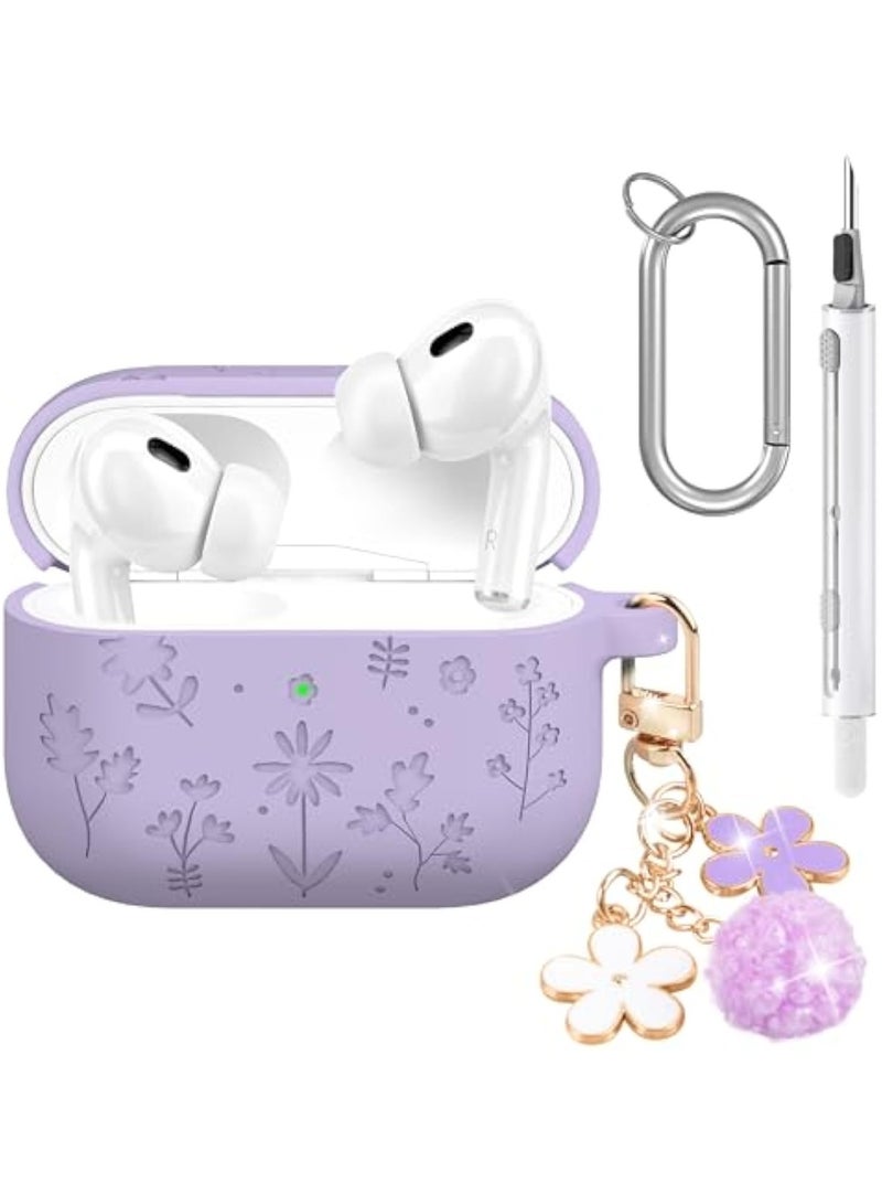 جراب متوافق مع AirPods Pro 3 لطيف مع سلسلة مفاتيح زهرة الكرز ومجموعة التنظيف، غطاء من السيليكون الناعم المقاوم للصدمات محفور عليه زهرة متوافق مع جراب AirPods Pro 3 - أرجواني فاتح - Image 1