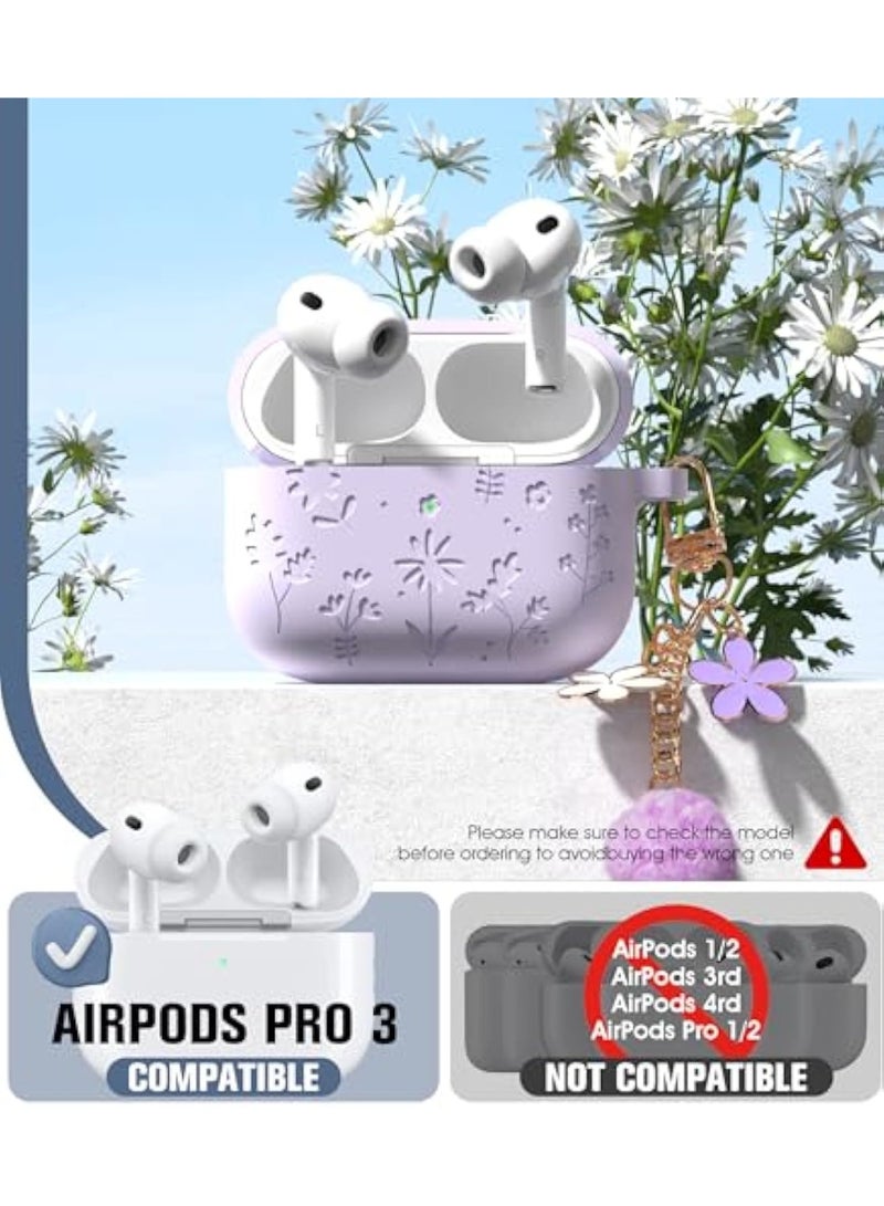 جراب متوافق مع AirPods Pro 3 لطيف مع سلسلة مفاتيح زهرة الكرز ومجموعة التنظيف، غطاء من السيليكون الناعم المقاوم للصدمات محفور عليه زهرة متوافق مع جراب AirPods Pro 3 - أرجواني فاتح - Image 2