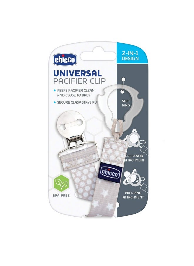 Chicco Chicco Universal Two in One Baby Pacifier/Soother Clip/Holder with Universal Loop for Teethers and Small Toys, Plus Soft Attachment Ring Included for Knob Style Pacifiers, Grey/White  - Image 1