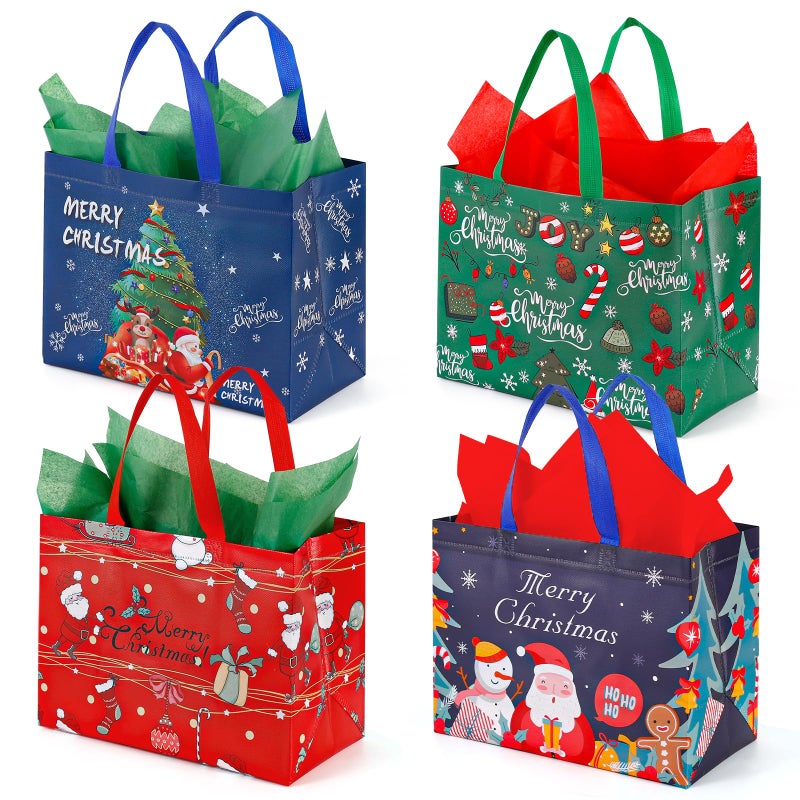 YANGTE 12 Pack 13 Large Christmas Gift Bags with Tissue Paper Reusable NonWoven Christmas Bag with Handles for Presents Wrapping Shopping Xmas Party Supplies