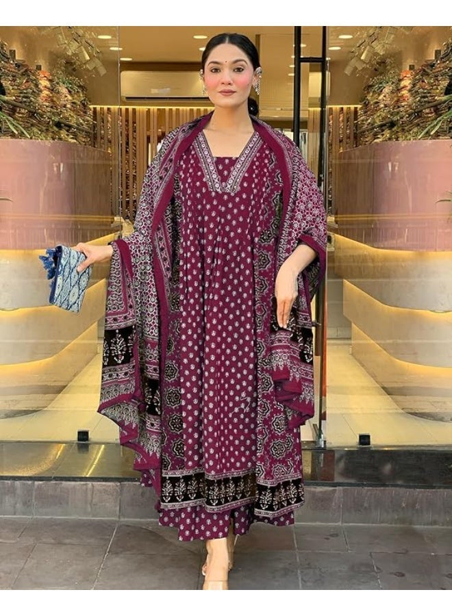 GoSriKi Women's Pure Cotton Anarkali Kurta with Dupatta & Palazzo 2xl - Image 2