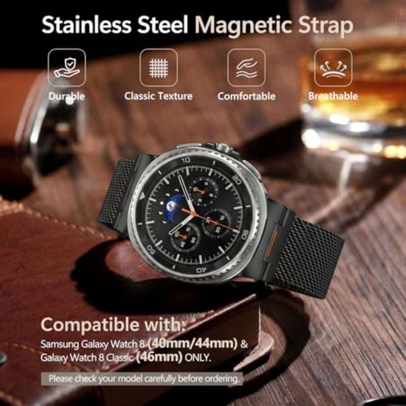أشرطة شبكية معدنية متوافقة مع Samsung Galaxy Watch 8 Band 44mm 40mm/Galaxy Watch 8 Classic 46mm حزام مغناطيسي متين لساعة Galaxy watch 8/8 الكلاسيكية المصنوعة من الفولاذ المقاوم للصدأ - Image 2